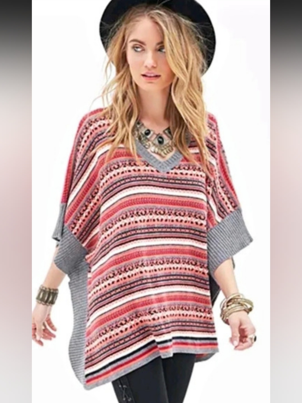 Freshman Forever Striped V-Neck Poncho Sweater Size Small